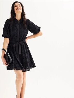 Nine West women’s black eyelet fit & flare a puff sleeve button dress size large